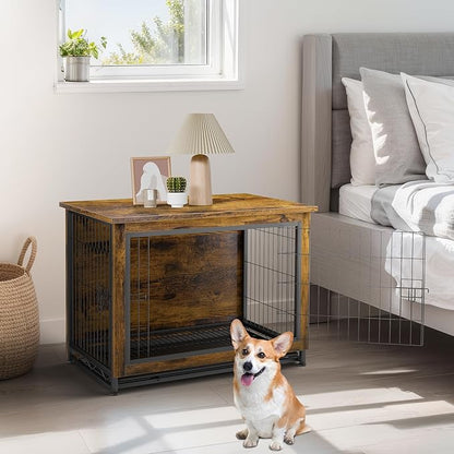 JY QAQA Dog Crate Furniture, Wooden Dog Crate Table, Double-Doors Dog Furniture, Indoor Kennel, Dog Cage/Brown/M