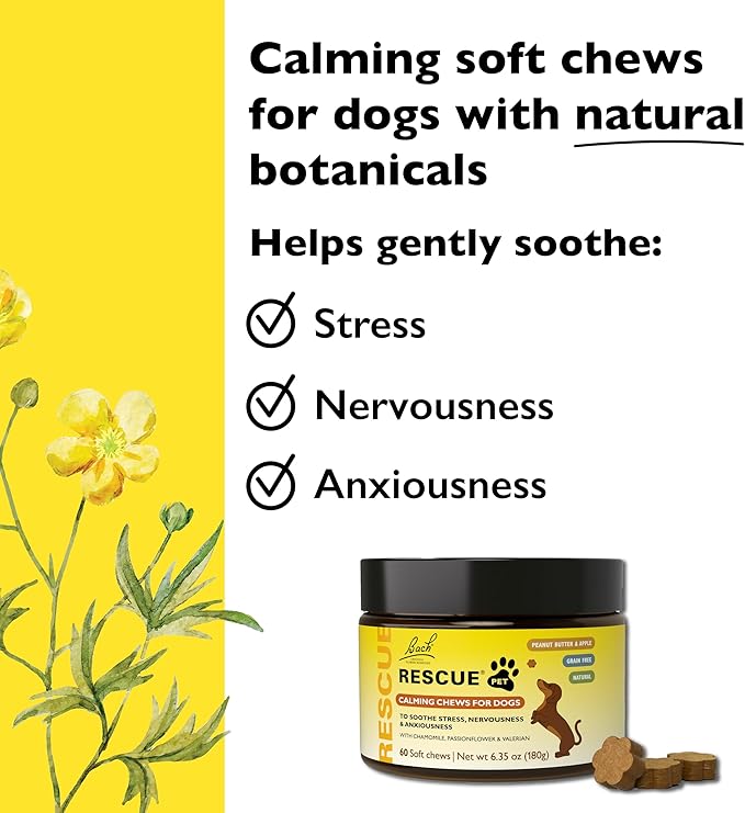 RESCUE Pet Chews for Dogs, 60 Soft Chews, Behavioral Health Supplement for Dogs with Chamomile, passionflower & Valerian, soothes Stress, Nervousness & Anxiousness