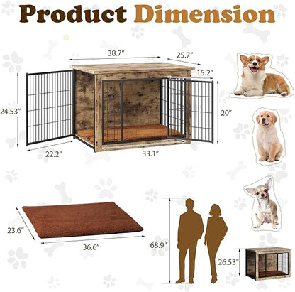 Dog Crate Furniture with Thick Cushion, Side End Table Wooden Dog Cage with Double Doors, Chew-Resistant Dog Kennel Dog House Indoor for Small to Large Dog
