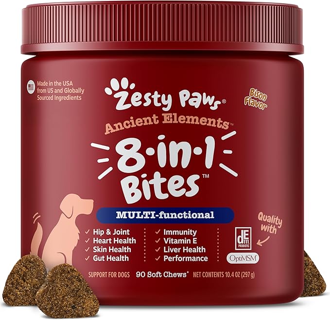 Zesty Paws Dog Multivitamin, Chewable Dog Vitamins and Supplements for Hip & Joints, Skin & Coat, Omega 3 Fish Oil for Dogs- Senior & Puppy Multivitamin - Bison- 90ct