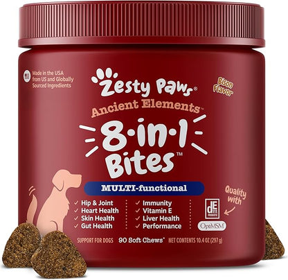 Zesty Paws Dog Multivitamin, Chewable Dog Vitamins and Supplements for Hip & Joints, Skin & Coat, Omega 3 Fish Oil for Dogs- Senior & Puppy Multivitamin - Bison- 90ct