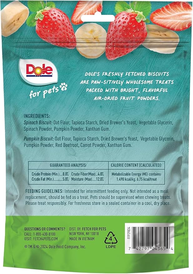 Dole for Pets Dog Biscuits Assorted Banana + Strawberry Mix, Real Fruit Flavor Vegan Crunchy Treats, No Wheat Corn Soy or Artificial Additives, Bite Size Training Snacks for Dogs, 7 Oz - 6 Pack