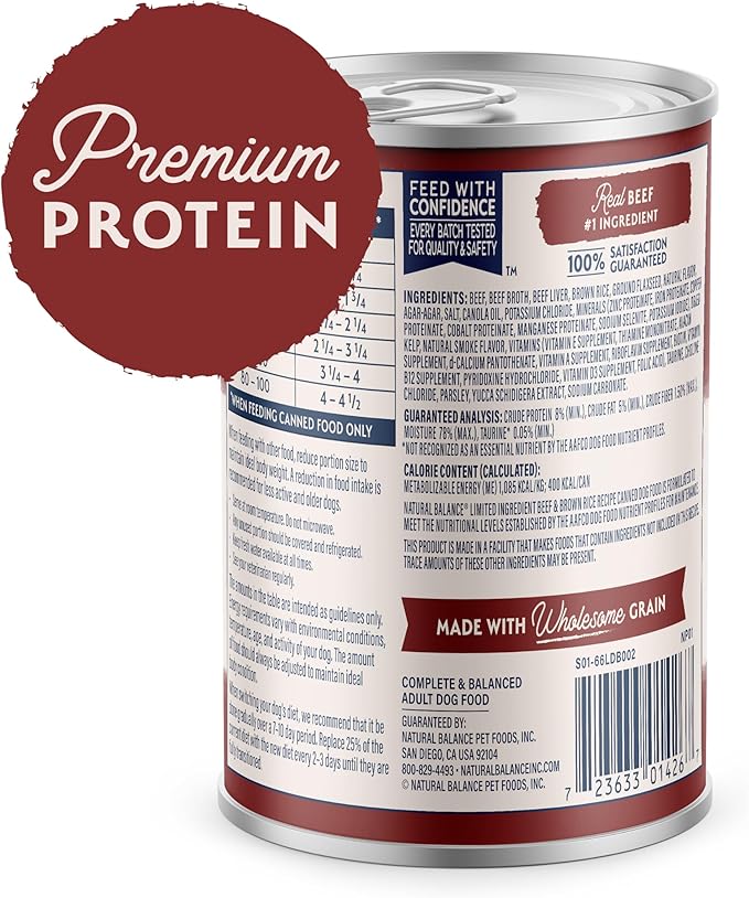 Natural Balance Limited Ingredient Adult Wet Canned Dog Food with Healthy Grains, Beef & Brown Rice Recipe, 13 Ounce (Pack of 12)
