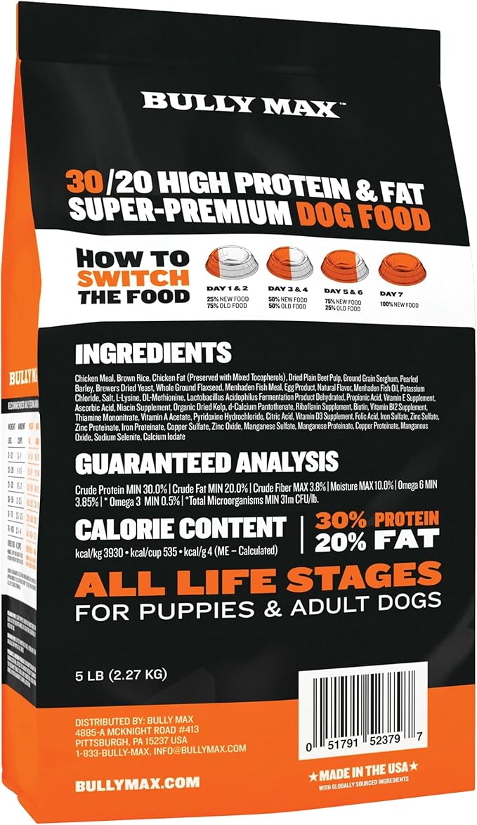 Bully Max Dry Dog Food for Adults & Puppies - High Protein & Fat for Muscle & Weight Gain - High Performance Dog Food Supplements - Small & Large Breed Dogs (535 Calories Per Cup), Chicken, 5lb Bag