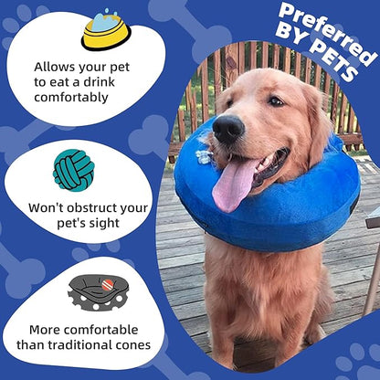 Large Inflatable Dog Cone | Cloud-Soft Neck 14"-18" | Scratch-Proof, Machine-Washable, Dual-Collar Lock, 10-Second Fold, Furniture-Safe Recovery Ring