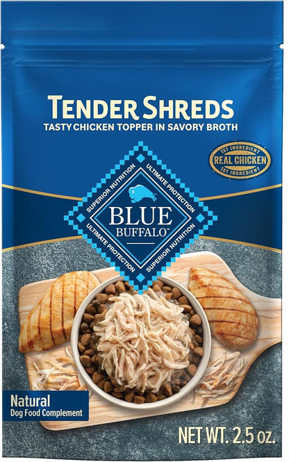 Blue Buffalo Tender Shreds Tasty Chicken Toppers in Savory Broth, Natural Dog Food Complement, Chicken, 2.5-oz. Pouch, 24-Count
