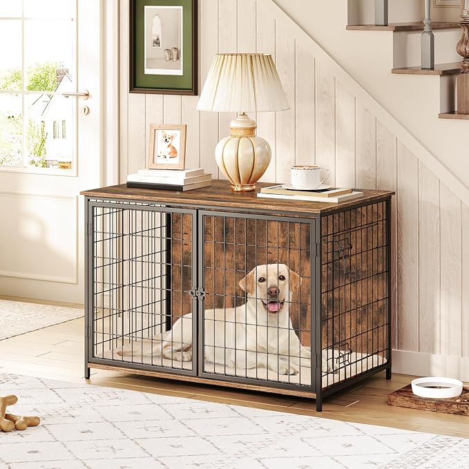 MAHANCRIS Dog Crate Furniture with Cushion, Wooden Dog Kennel with Double Doors, Heavy Duty Dog Cage for Small/Medium/Large Dogs, Indoor Dog House End Table, 39.4" L, Rustic Brown DCHR10701