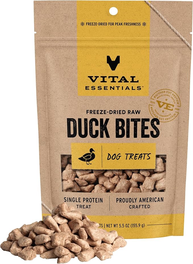 Vital Essentials Freeze Dried Dog Treats | Duck Bites, Single Protein | Premium Quality | Grain Free Training Treats for Dogs, 5.5 oz Bag