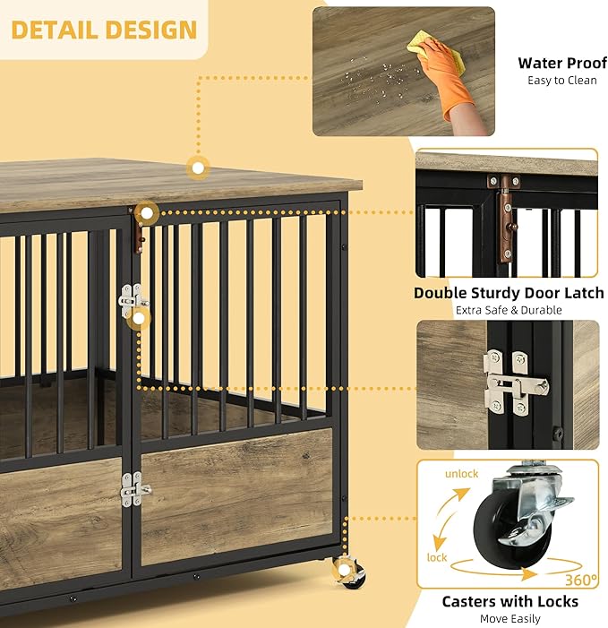 DWVO Dog Crate Furniture with Wheels, 43 Inch Dog Kennel Indoor Furniture End Table Dog Crate for Dogs, Farmhouse Decorative Wooden Dog Cage Table with Double-Doors, Chew-Resistant, Greige