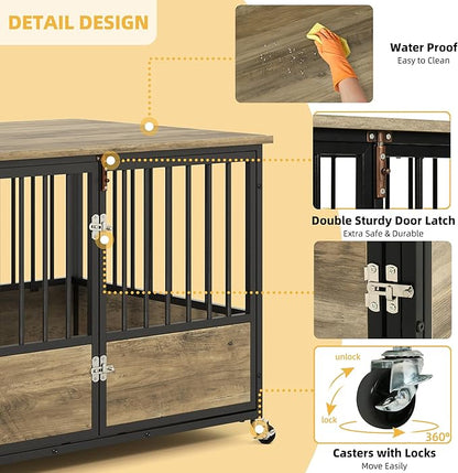 DWVO Dog Crate Furniture with Wheels, 43 Inch Dog Kennel Indoor Furniture End Table Dog Crate for Dogs, Farmhouse Decorative Wooden Dog Cage Table with Double-Doors, Chew-Resistant, Greige