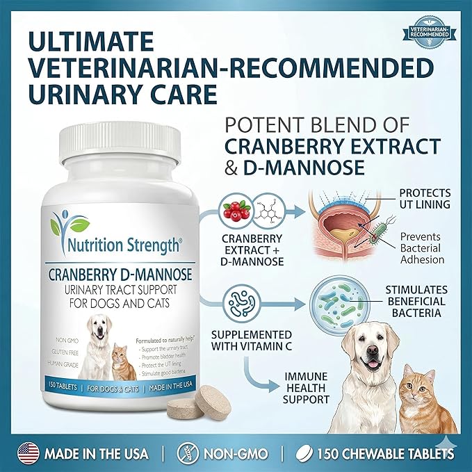 Cranberry D-Mannose for Dogs, Support for Bladder & UTI, Pet Urinary Tract + Immune Health Supplement, Cranberry for Dogs with D-Mannose & Vitamin C, 150 Chewable Tablets