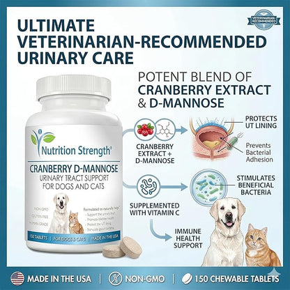 Cranberry D-Mannose for Dogs, Support for Bladder & UTI, Pet Urinary Tract + Immune Health Supplement, Cranberry for Dogs with D-Mannose & Vitamin C, 150 Chewable Tablets