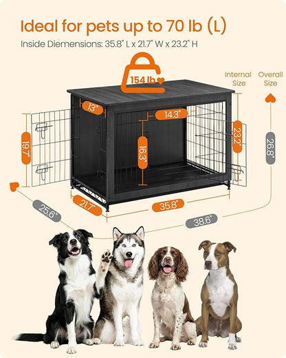 Feandrea 38.6" Dog Crate Furniture, Indoor Dog Cage Side End Table, XL Pet Wood Kennel for Large and Medium Dogs up to 70 lb with Multi-Purpose Removable Tray, Double-Door Pet House, Ink Black