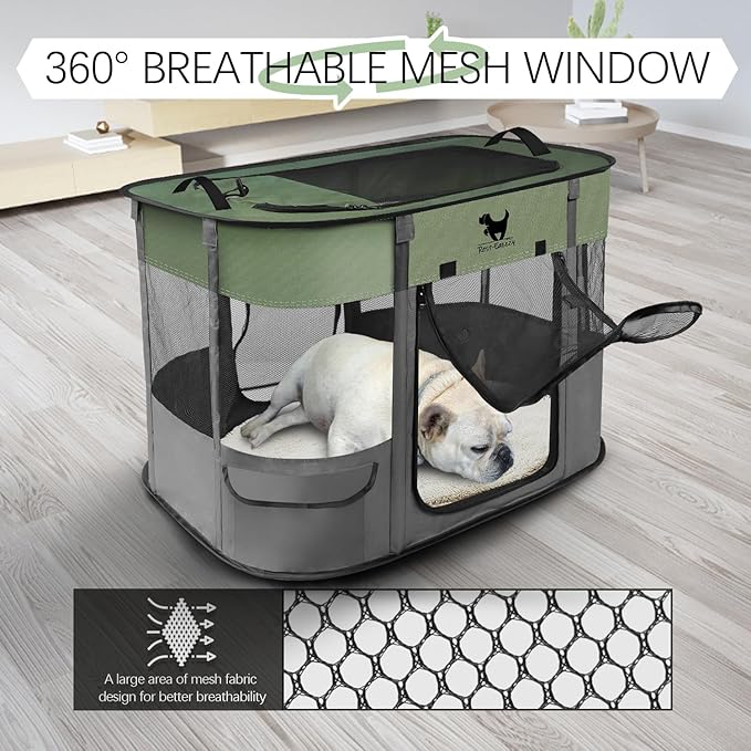 Rest-Eazzzy Dog Playpen, Foldable Kitten Playpen for Medium Dogs, Portable Pet Puppy Playpen with Removable Shade Cover, Indoor Outdoor Travel Camping Use for Small Pets with Carrying Case (L, Green)