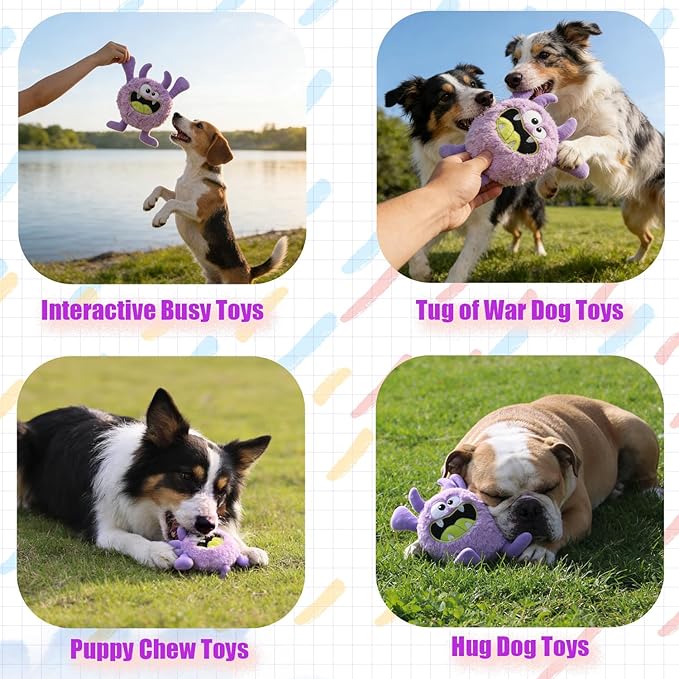 Plush Squeaky Dog Toy, Crinkle Stuffed Dog Toy Keep Them Busy Tug of War Birthday Dog Chew Toy for Small Medium Large Dogs (Purple)
