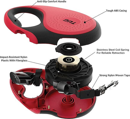 TUG 360° Tangle-Free Retractable Dog Leash with Anti-Slip Handle | 16 ft Strong Nylon Tape | One-Handed Brake, Pause, Lock (Medium, Red)