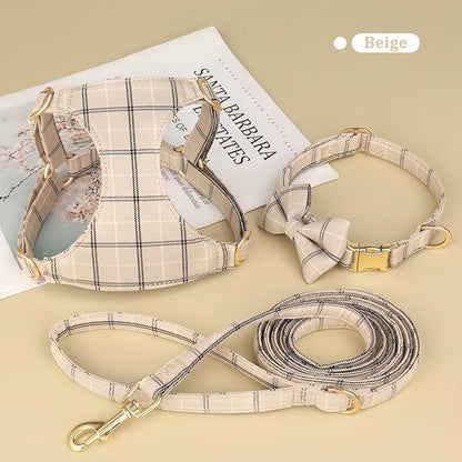 Beirui Cute Extra Small Dog Harness Collar and Leash Set with Bowtie, Soft Adjustable Plaid Puppy Harness for Small Sized Dogs Cats Walks Parties and Photoshoots(Beige,XXS:Chest 12-14")