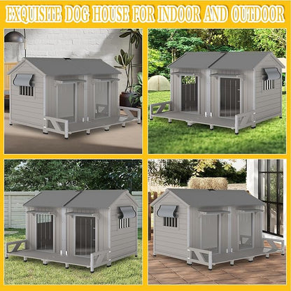 PetsCosset 59.4" L Large Dog House Outdoor & Indoor,Fir Wood Dog Kennel with Weatherproof Openable Asphalt Roof,Spacious Doghouse with Anti-Chewing Metal Edges for Small & Medium & Large Dogs,Grey