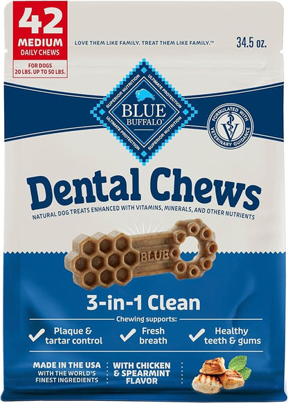 Blue Buffalo Dental Chews Medium Natural Dog Treats, Chicken & Spearmint 34.5-oz Bag (42 Count)