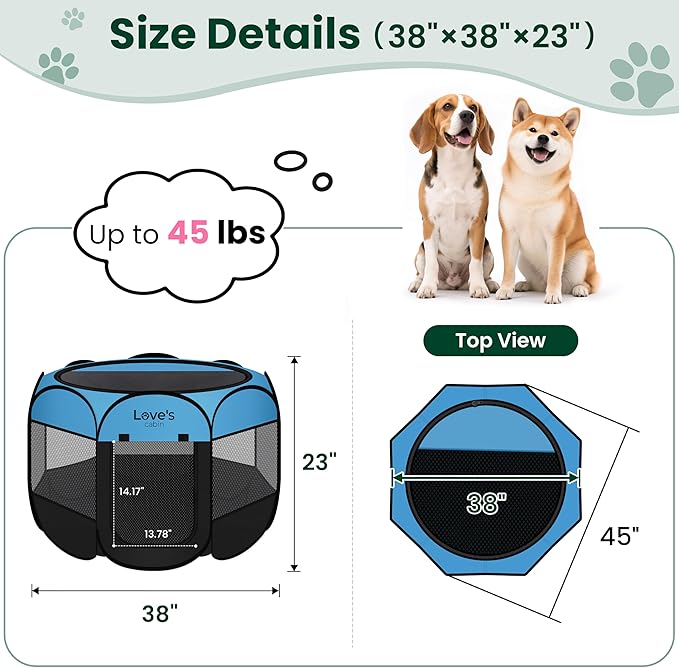 Love's cabin Pet Puppy Dog Playpen, Large Dog Tent Crates Cage Indoor/Outdoor, Portable Playpen for Cat, Foldable Pop Up Dog Kennel Playpen with Carring Case, Removable Zipper Top, Blue