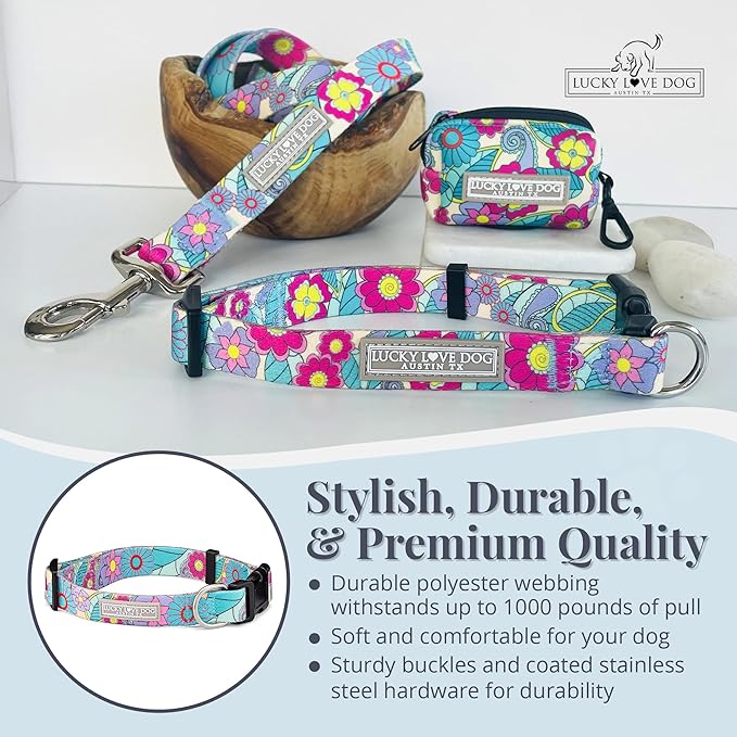 Lucky Love Dog Collars, Vivid Flower Pattern Dog Collars for Medium Female Dogs, Spring & Summer Floral Themed Print, Caroline, Medium