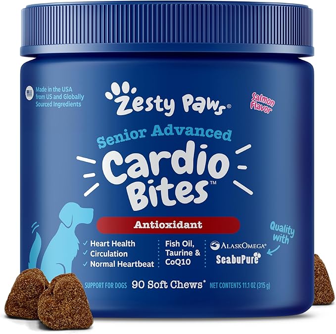 Zesty Paws Cardiovascular Support for Dogs - Taurine for Dogs - with CoQ10, L Carnitine & Sea Buckthorn - Senior Heart Health - AlaskOmega Fish Oil Omega 3 - Senior - Salmon - 90 Count