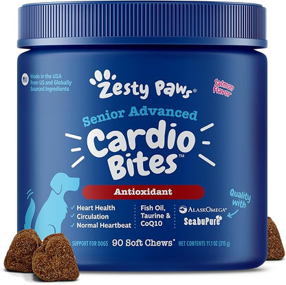 Zesty Paws Cardiovascular Support for Dogs - Taurine for Dogs - with CoQ10, L Carnitine & Sea Buckthorn - Senior Heart Health - AlaskOmega Fish Oil Omega 3 - Senior - Salmon - 90 Count