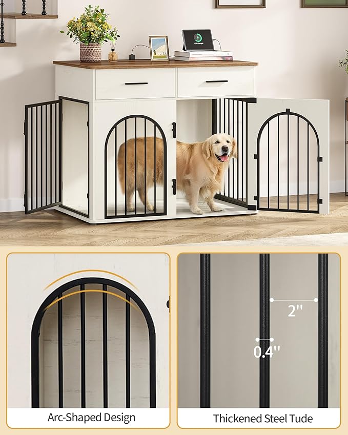 Hzuaneri 43.3'' Large Dog Crate Furniture with 2 Storage Drawers, Heavy Duty Dog Kennel Indoor with Charging Station, Wooden Dog Cage End Table Kennel for Medium/Large Dogs, White Brown DFC88214B