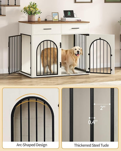 Hzuaneri 43.3'' Large Dog Crate Furniture with 2 Storage Drawers, Heavy Duty Dog Kennel Indoor with Charging Station, Wooden Dog Cage End Table Kennel for Medium/Large Dogs, White Brown DFC88214B