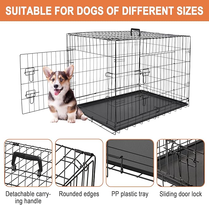 Dog Crates for Large Medium Dogs Foldable Metal Wire Pet Dog Kennel 30/36/42 Inches Indoor Outdoor Travel Dog Gage with Double Door, Leak Proof Pan