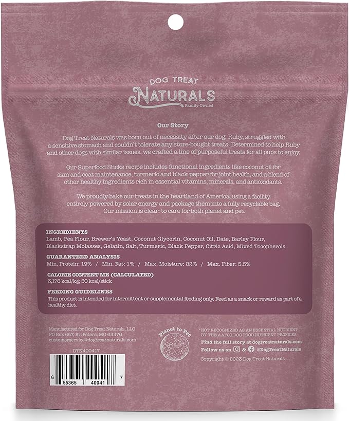 Dog Treat Naturals Superfood Sticks, Lamb & Date, 10oz Bag | Dog Chew Sticks | All-Natural, Pet Training Treats | Joint-Skin-Coat Health | USA Made