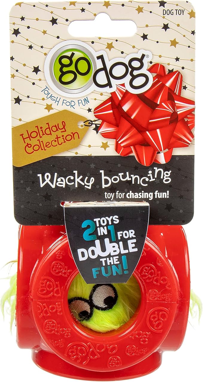 goDog Holiday Collection 2-in-1 Cage Ball Dog Toy with Furballz Squeaky Plush Dog Toy - Red, Small