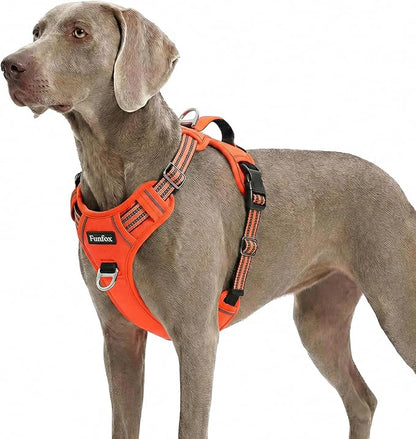 Funfox Dog Harness No Pull, Adjustable Pet Vest Harness, Super Soft Material with Vertical Handle Easy Control, Reflective Night Walking, 2 Leash Clips for XLarge Dogs, Orange, XL