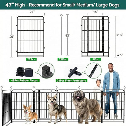 Dog Playpen Outdoor 24 Panels 47'' Rustproof Metal Dog Fence with Gate Small Medium Portable Large Dog Play Pen 54FT 212 Sq.ft for RV Camping, Trips, Play Yard