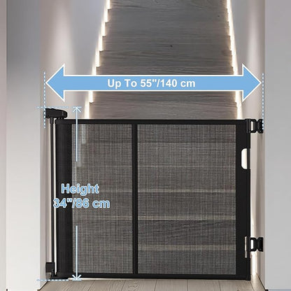 55 inches Retractable Baby Gate, 34 inches Tall Extra Wide Pet Gate for Stairs, Hallways and Doorways, Indoor Outdoor Safety Gate for Toddlers & Small Dogs, White