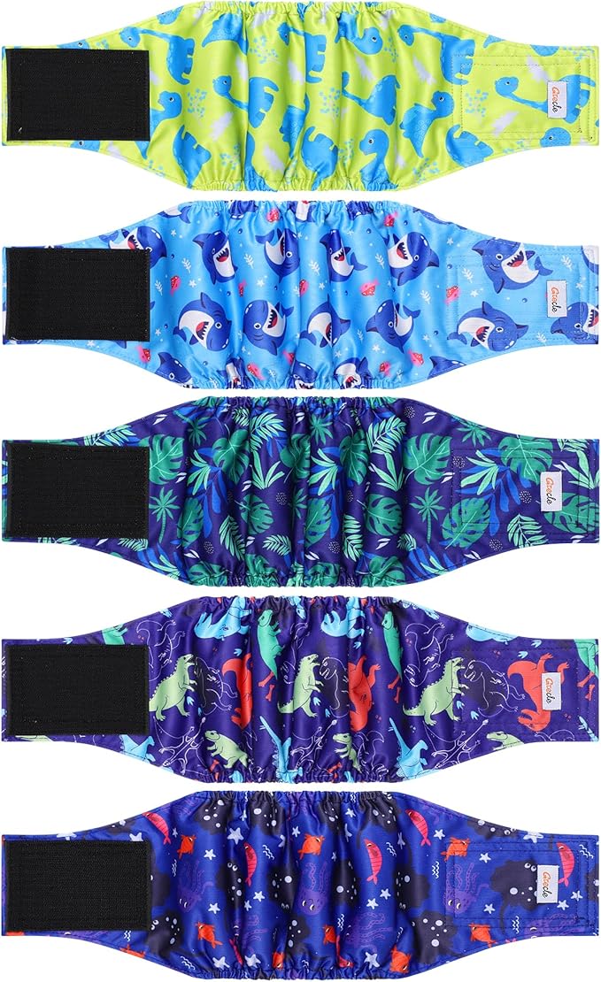 5 Pack Dog Diapers Male Reusable, Premium Belly Bands for Dogs, High Absorbing Male Dog Pee Wraps for Doggie in Incontinence or Excitable Urination Dinosaur XS