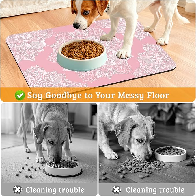Pet Feeding Mat,Boho Mandala Absorbent Dog Cat Food Mat Pink Flower Dog Mat with Rubber Backing,Non-Slip Water Bowl Placemat,Pet Supplies 16" x 24"