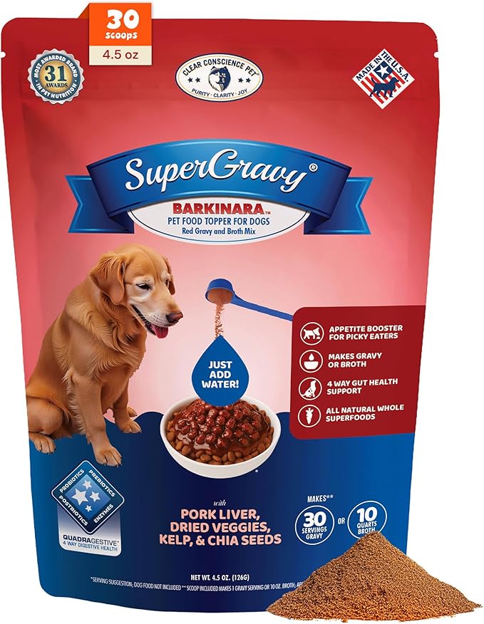 CLEAR CONSCIENCE PET® Barkinara™ SuperGravy® Natural Dog Food Gravy Topper, Hydration Broth Mix, Gluten and Grain Free Kibble Seasoning Powder Topper for Picky Eaters (4.5 oz. (30 Scoop))
