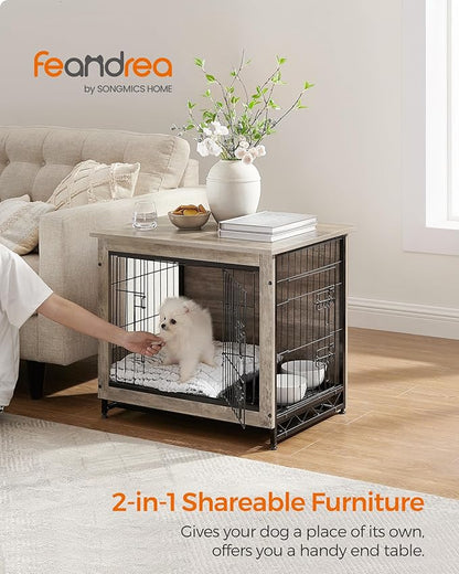 Feandrea 27.2" Dog Crate Furniture, Indoor Dog Cage Side End Table, M Pet Wood Kennel for Medium and Small Dogs up to 30 lb with Multi-Purpose Removable Tray, Double-Door Pet House, Greige