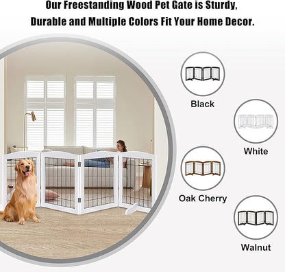 LZRS 4-Panel Freestanding Wooden Dog Gate—Extra Wide 30” Tall Foldable Pet Barrier with Support Feet, Solid Hardwood & Steel Wire Chew-Resistant Safety Gate for Doorways, Hallways, and Stairs, White