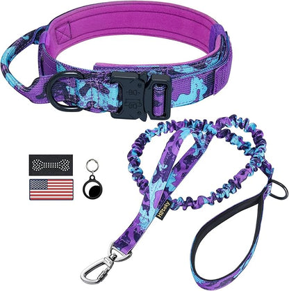 Hotsky Tactical Dog Collar and Leash Set, Heavy Duty Military Airtag Dog Collar with Handle and Metal Buckle for Training and Walking, with Airtag Holder and Two Patches (Purple Camo, M)