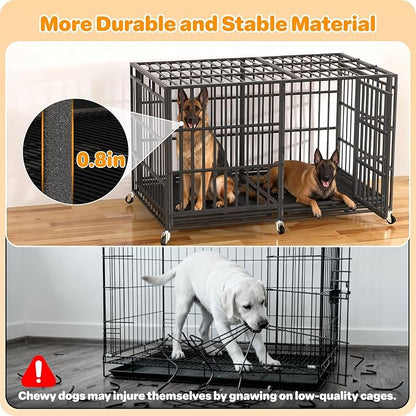 Hiwokk 78 Inch Heavy Duty Dog Crate, Indestructible Escape-Proof Dog Kennel for High Anxiety Large Dogs, Strong Metal Pet Cage with Double Doors, Lockable Wheels & Removable Tray, XL XXL XXXL