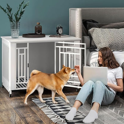 DWVO Dog Crate Furniture with Wheels, 38 Inch Dog Kennel Indoor Heavy Duty End Table Dog Crate for Large Medium Dogs, Decorative Wooden Dog Cage Table with Removable Tray, Chew-Resistant, White