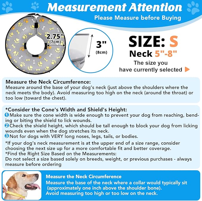 Inflatable Dog Cone with Anti-Licking Clear Shield, Protective Dog Donut Collar After Surgery, Adjustable Soft Recovery Cone for Pets, Alternative Collar with Buckle Strap (Grey Paw, S)