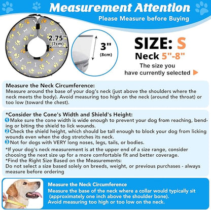 Inflatable Dog Cone with Anti-Licking Clear Shield, Protective Dog Donut Collar After Surgery, Adjustable Soft Recovery Cone for Pets, Alternative Collar with Buckle Strap (Grey Paw, S)