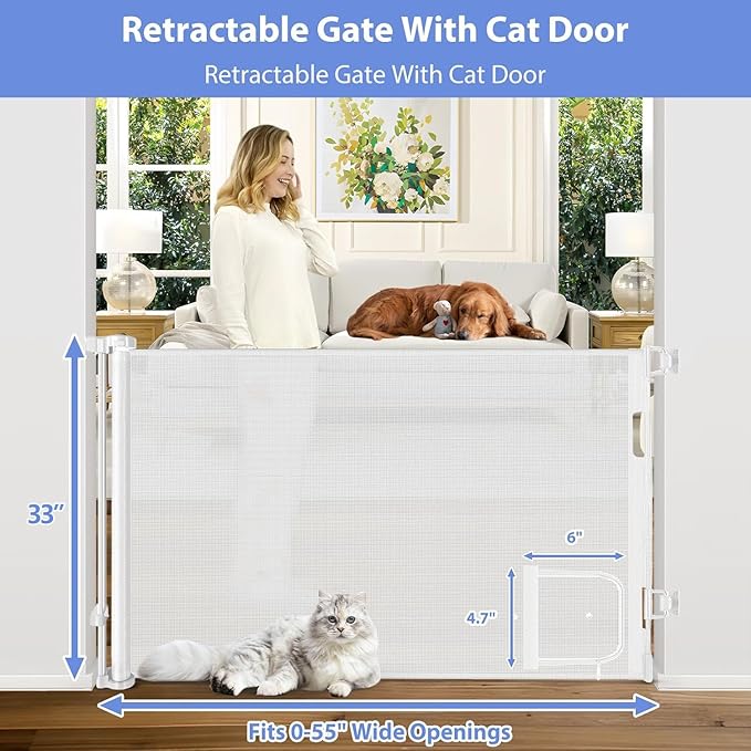 Retractable Baby Gate with Cat Door 55" Wide Retractable Baby Gate for Stairs Mesh Baby Gate with Pet Door Retractable Dog Gate for The House Retractable Pet Gate with Door Safety Gates for Toddlers