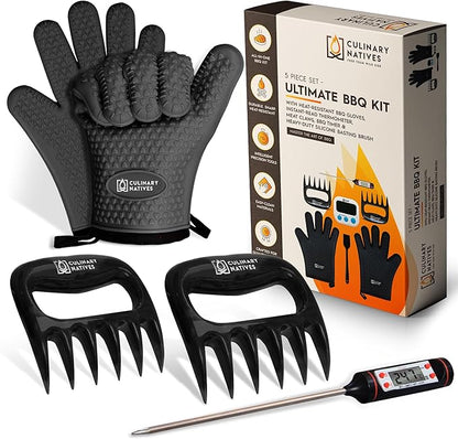 Smoker Gloves and Meat Claws | No.1 Heat Resistant BBQ Grill Gloves | Meat Shredder Claws | Thermometer | Silicone Smoker Oven Mitts & Pulled Pork Shredders | Barbecue, Grilling, Smoking, Shredding