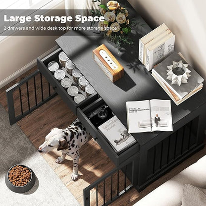 Dog Crate Furniture, Wooden Dog Kennel Furniture, Heavy-Duty Dog Crate End Table with Storage Drawers, Double Doors Decorative Pet Cage House Indoor for Small Medium Dog, 40Inch, Black