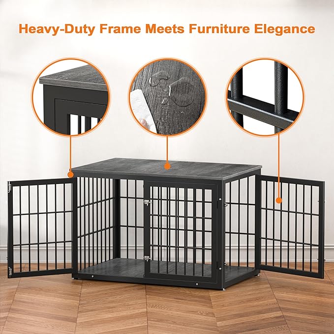 rehomerance 48 Inch Heavy Duty Dog Crate Furniture for Large Dogs, Decorative Pet House End Table, Extra Large Wooden Cage Kennel Furniture Indoor, Black and Gray
