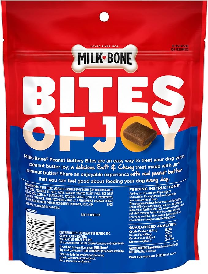 Milk-Bone Peanut Buttery Bites, Soft Dog Treats with Jif Peanut Butter & Real Bacon, 11.8 Oz. Bags